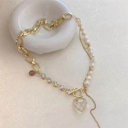 Pearl Stitching Chain Crystal Loving Heart Pendant Necklace