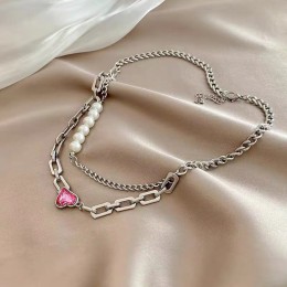 Double Layer Loving Heart Pink Crystal Pendant Necklace