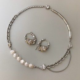 Pearl Crystal Splicing Metal Chain Necklace (Earrings Necklace Set)