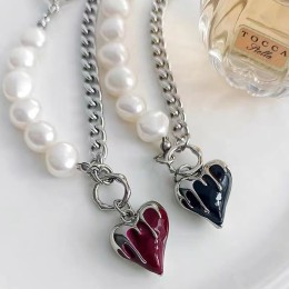 Loving Heart Pearl Stitching Metal Chain Necklace for Women