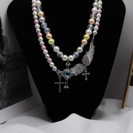 Colored Pearls Stackable Cross and Wing Pendant Necklace