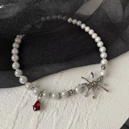 Red Crystal Pearls Spider Necklace