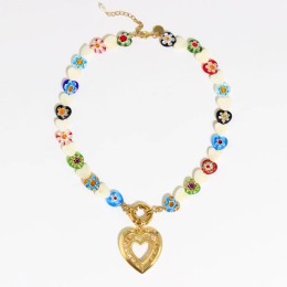 Colorful Fritillaria Glass Bead Loving Heart Pendant Necklace
