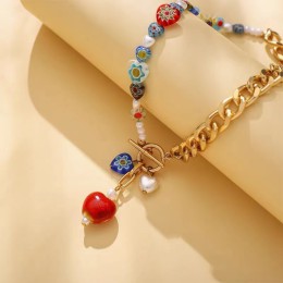 Asymmetric Colorful Glass Beaded Loving Heart Pendant Necklace