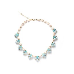 Pearl Crystal Sea Blue Color Flower Shape Braided Necklace