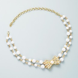 Double Layer Pearl Stitching Bow Necklce