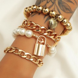 heart-shaped embossed copper lock imitation pearl lock 4 four-piece Bracelet set