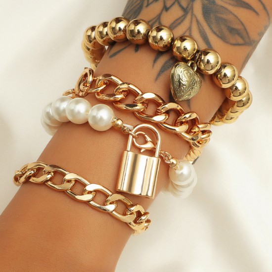 heart-shaped embossed copper lock imitation pearl lock 4 four-piece Bracelet set