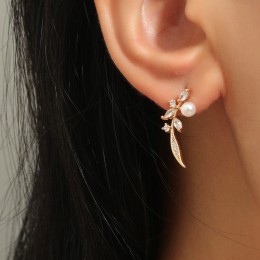 Crystal Leaf Pearl Stud Earrings