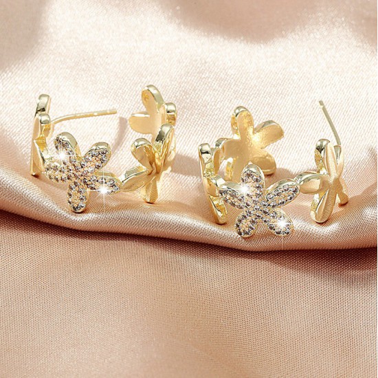 Temperament Crystal inlaid C-shaped hoop three-dimensional butterfly earrings