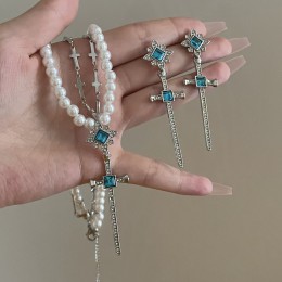 Cross Style Blue Crystal Pearl Necklace