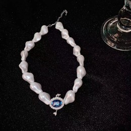 Blue Crystal Stitching Irregular Pearl Necklace