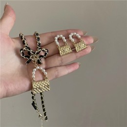 Bow Double Color Chain Stitching Bag Shape Pendant Necklace